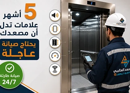 فني صيانة يفحص مصعدًا حديثًا باستخدام جهاز تشخيص إلكتروني